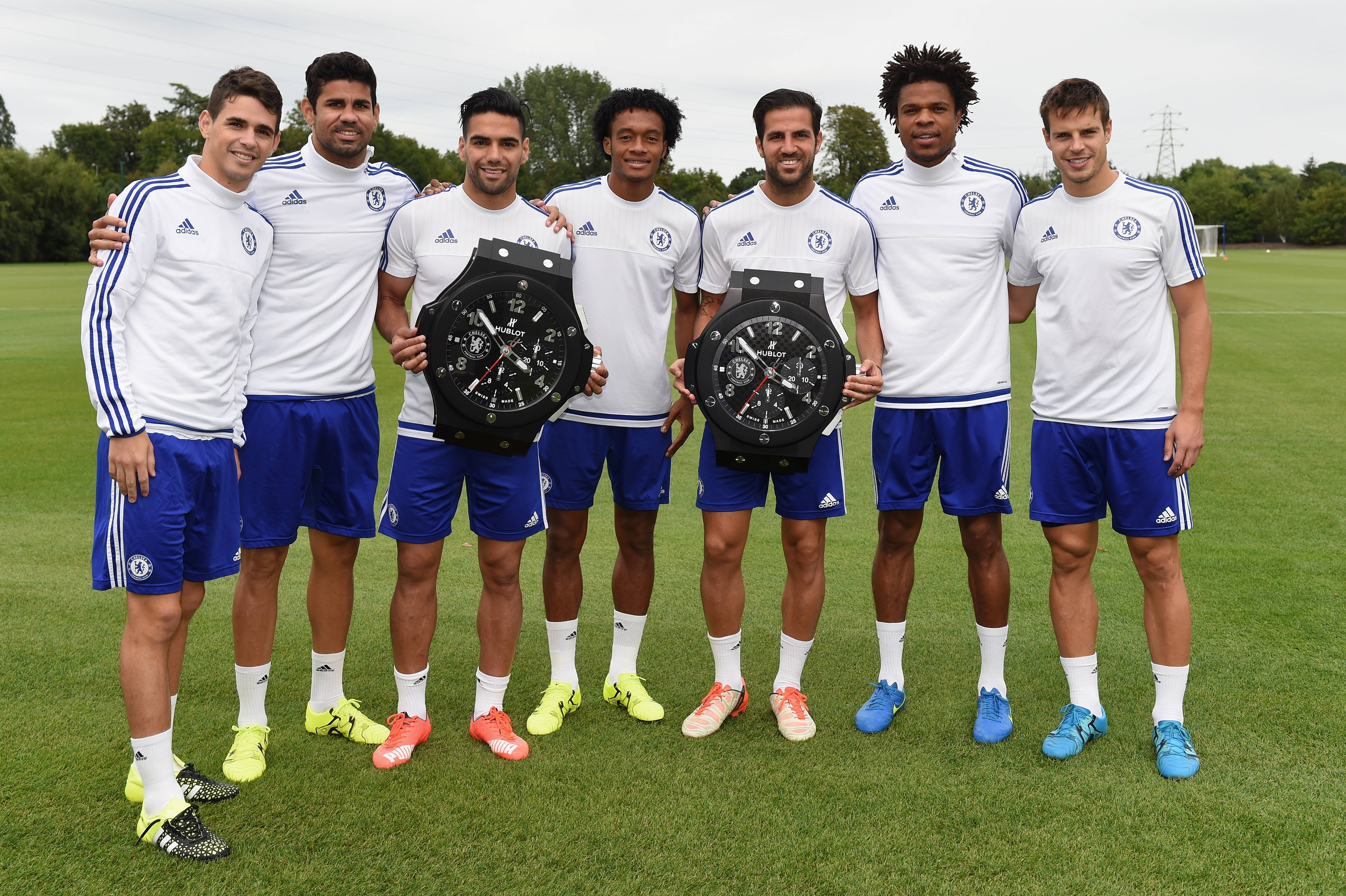 Chelsea's Oscar, Diego Costa, Radamel Falcao, Juan Cuadrado, Cesc Fabregas, Loic Remy, Cesar Azpilicueta with Hublot Clocks at the Cobham Training Ground on 12th August 2015 in Cobham, England.