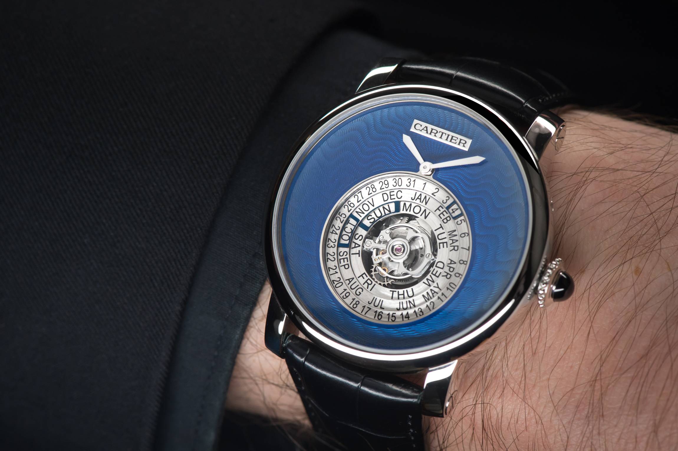 Cartier Rotonde de Cartier Astrocalendaire, Tourbillon complication, perpetual calendar with circular display Calibre 9459 MC "Poinçon de genève" certified watch wrist