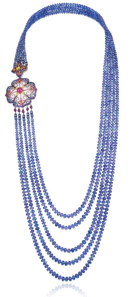 Red Carpet necklace in 18ct white gold and titanium set with tanzanite beads (843cts), mutlicolored sapphires (8.5cts), amethysts (7.6cts), rubies (5cts), Paraiba tourmalines (3.9cts) and tanzanites