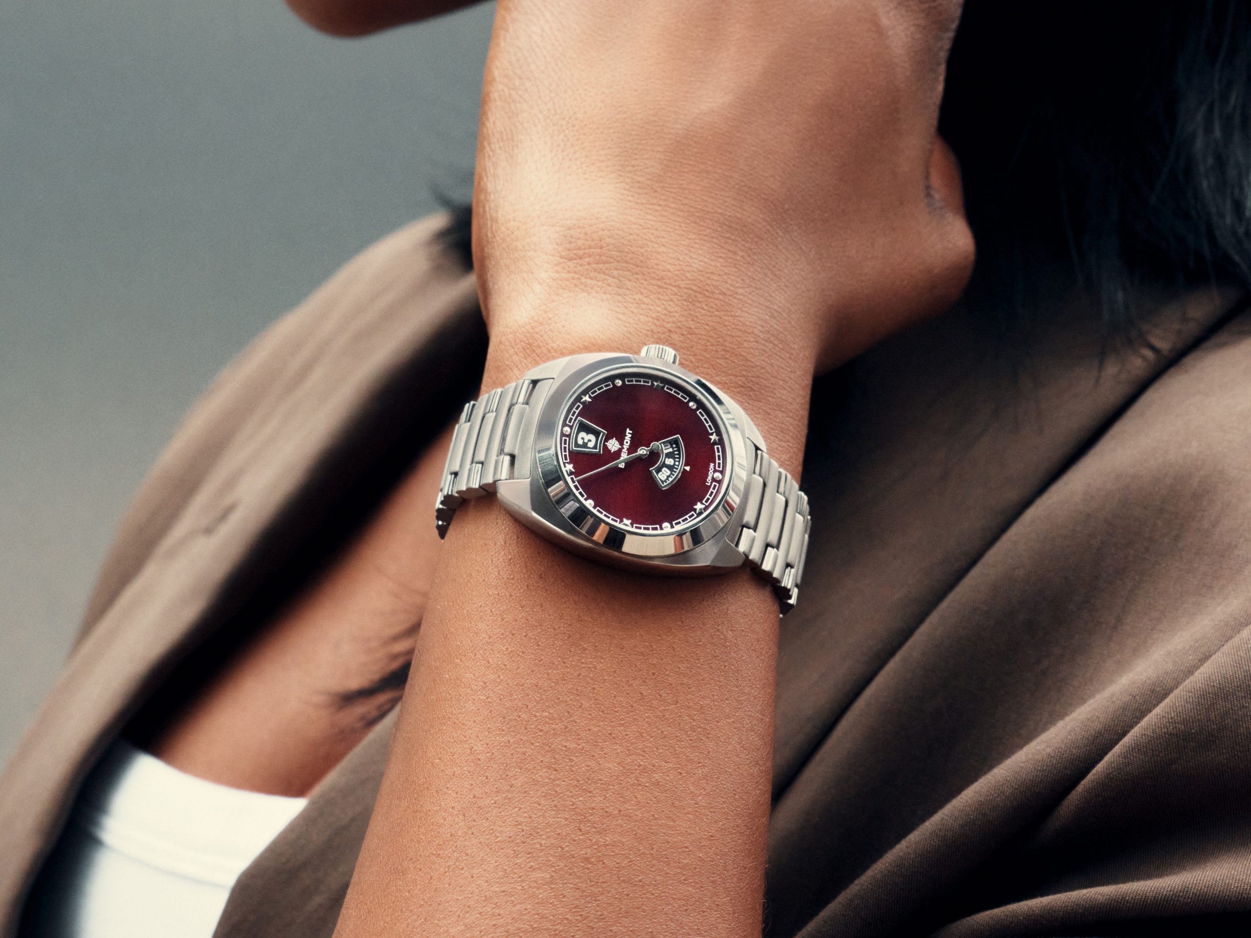 Bremont Terra Nova 35 Jumping Hour Burgundy watch with a sunray burgundy dial